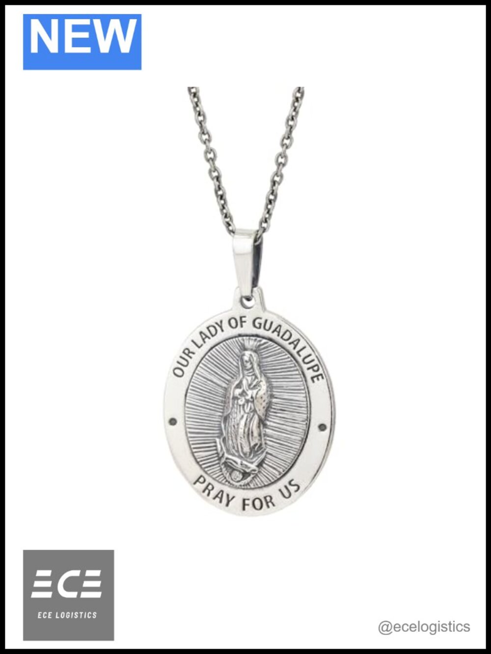 925 Sterling Silver Rhodium Plated Guadalupe Medal Necklace 18" Chain